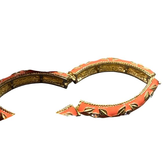 Vintage Gold-Tone Hinged Stretch Bangle Bracelet Coral Enamel Leaf Detailing & R - Picture 2 of 4